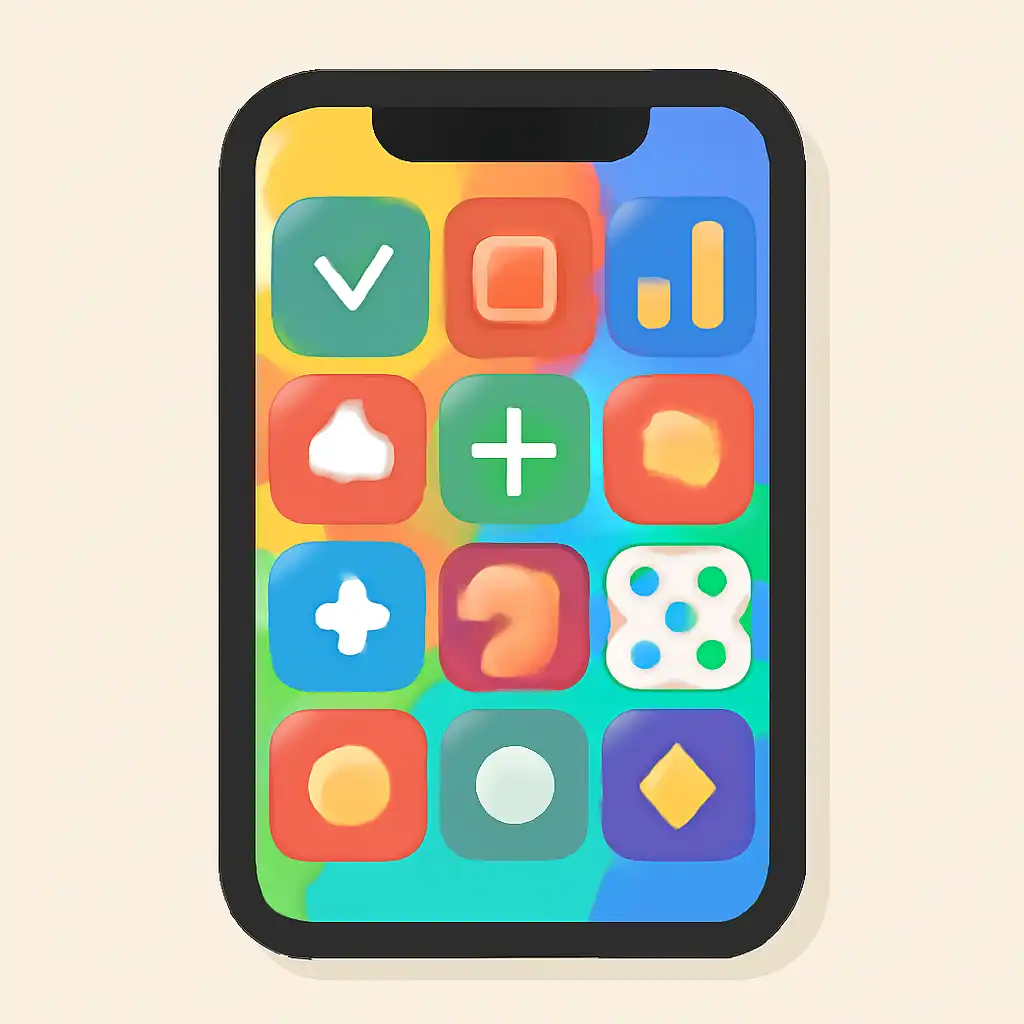 Smartphone shown from the front displaying a colourful flat layout of abstract game icons and rounded tiles (no text, no letters, no labels), 51 Game
