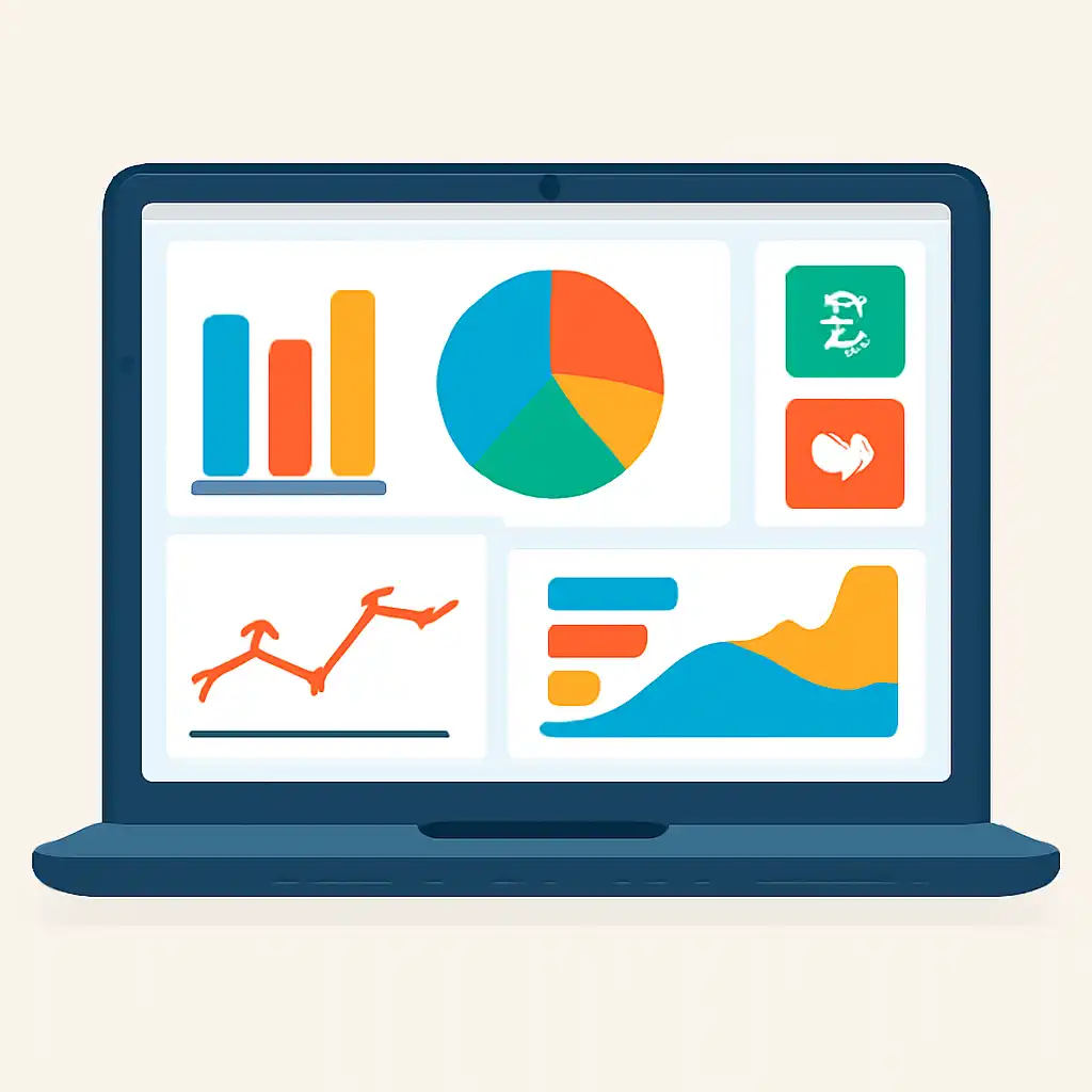 Laptop shown from the front displaying a colourful flat dashboard of abstract charts, bars and icon tiles (no text, no letters, no labels), 51 Game