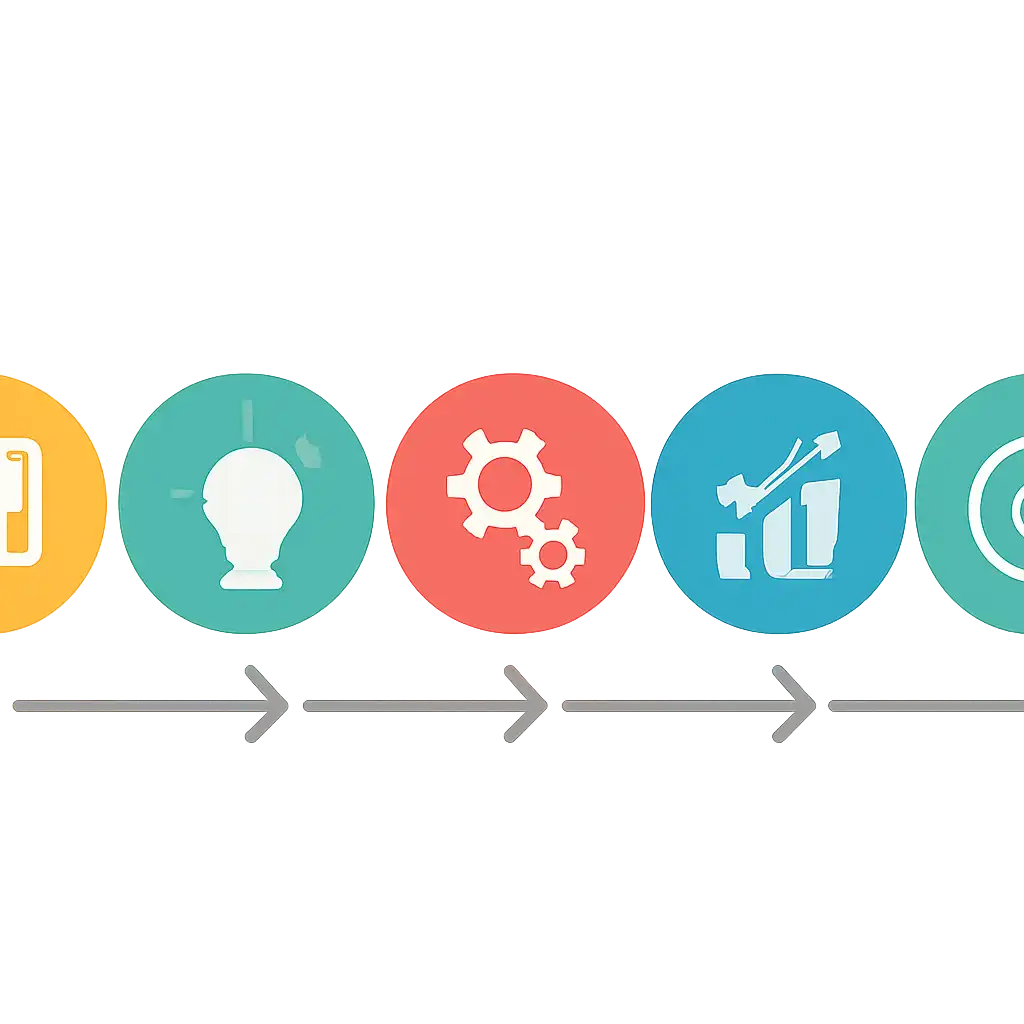 Five numbered circular icons connected by arrows in a horizontal flow, flat illustration, icons only, no words, 51 Game steps